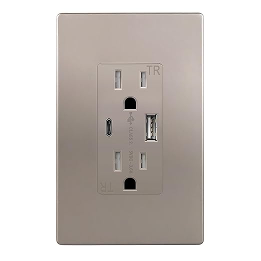 TOPGREENER 2-Port Outlet with Type C USB Charging Ports, 15 Amp TR Receptacle Plug, Electrical Socket, UL Listed, TU21536AC-NKWSI, Nickel