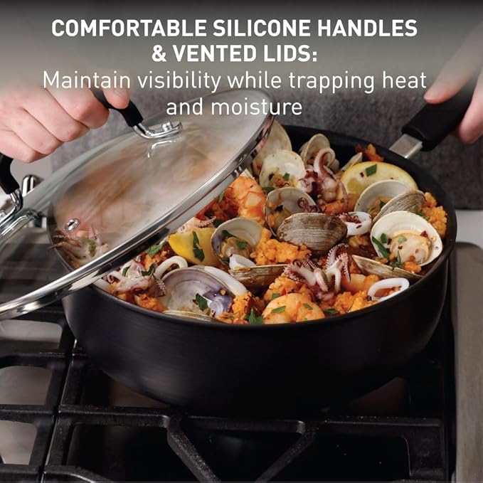T-Fal Ultimate Hard Anodized Non Stick Jumbo Cooker With Lid & Helper Handle 5 Quart, Oven Broiler Safe 400F, Lid Safe 350F, Cookware, Deep Frying Pan, Skillet, Pots and Pans, Dishwasher Safe, Onyx