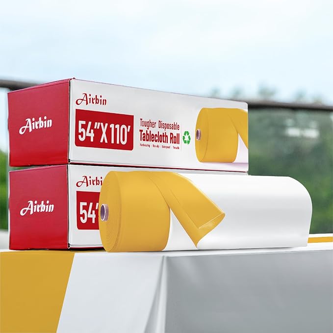 Plastic Table Cloth, 110 Ft X 54 In Disposable Tablecloth White Gold Tablecloth PEVA Premium Plastic Table Cloth Disposable with Any Cut Sliding Cutters for Picnics, Parties, Birthdays, Weddings