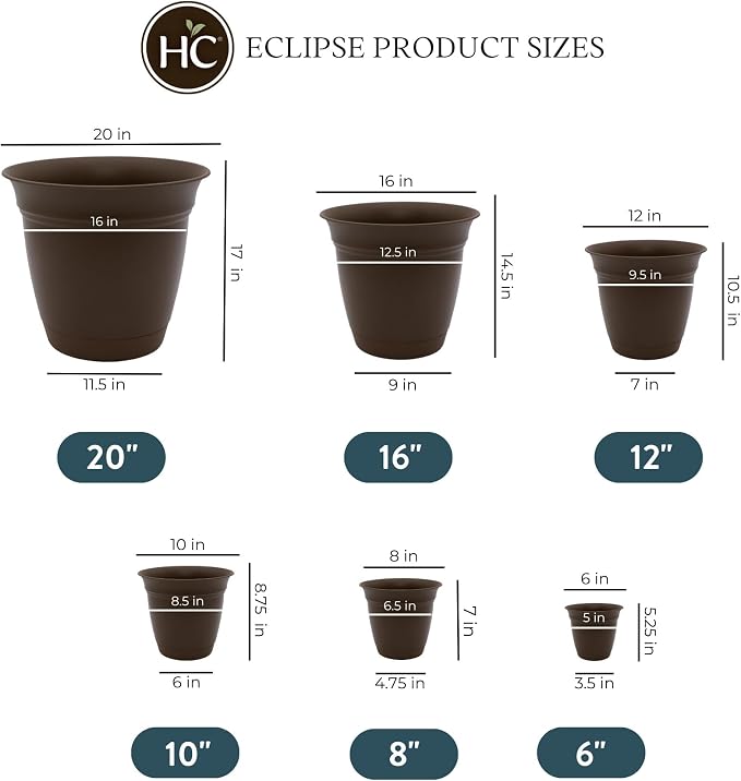 The HC Companies Eclipse Round Planter with Saucer - Outdoor & Indoor Plant Pot with Drainage Holes - Lightweight, UV-Resistant Plastic Pots for Plants, Flowers & Herbs (6" Chocolate, Pack of 1)