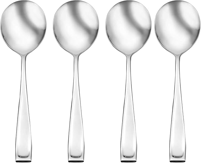 Oneida Silverware Set, Moda Fine Soup Spoons Flatware Set, Service For 4, 18/10 Stainless Steel, Mirror Finish, Dishwasher Safe, Home & Kitchen Utensils Set, Soup Spoon (Silver, 4 Piece)