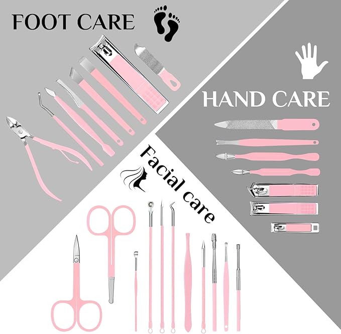 MINKINH 26-Piece Professional Manicure Set，Features Stainless Steel Tools, Carbon Steel Clippers & Travel Case for Women's Home and Travel Grooming，Mother's Day Gifts(Pink)