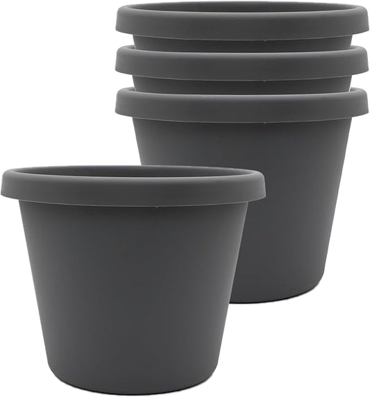 The HC Companies 8 Inch Prima Round Planter Pots with Drainage Holes and Rolled Rim, Lightweight UV-Resistant Plastic Indoor & Outdoor Planters, 4-Pack Flower Pots for Garden & Home Decor, Warm Gray