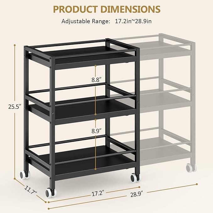 3-Tier Expandable Rolling Pantry Organizers and Storage Cart with Wheels, Adjustable Pantry Floor Organizer, Snack Cart for Pantry, Kitchen Storage Cart with 4 Hooks for Snack, Food, Vegetables