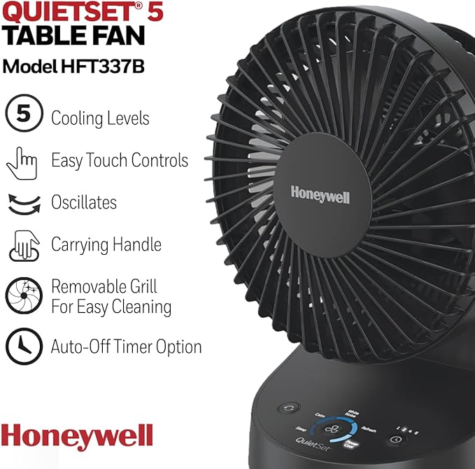 Honeywell QuietSet 5 Oscillating Table Fan, Black – Personal and Small Room Fan with Quiet Operation and 5 Levels of Power and Sound