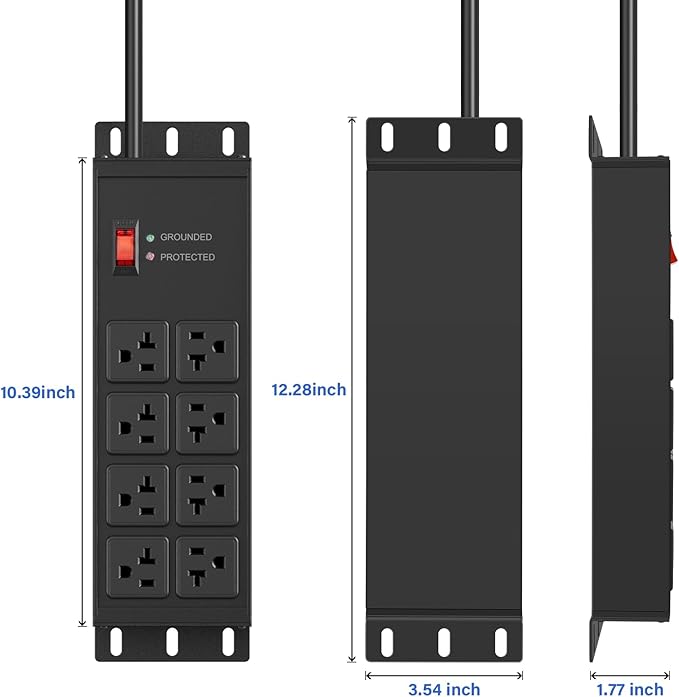 CCCEI Heavy Duty Power Strip Surge Protector 20 AMP Switch, 12 Gauge Extension Cord with Multiple Outlets, Industrial, Shop, Garage High Amp Wall Mount Electric Extender. 6FT, Black.