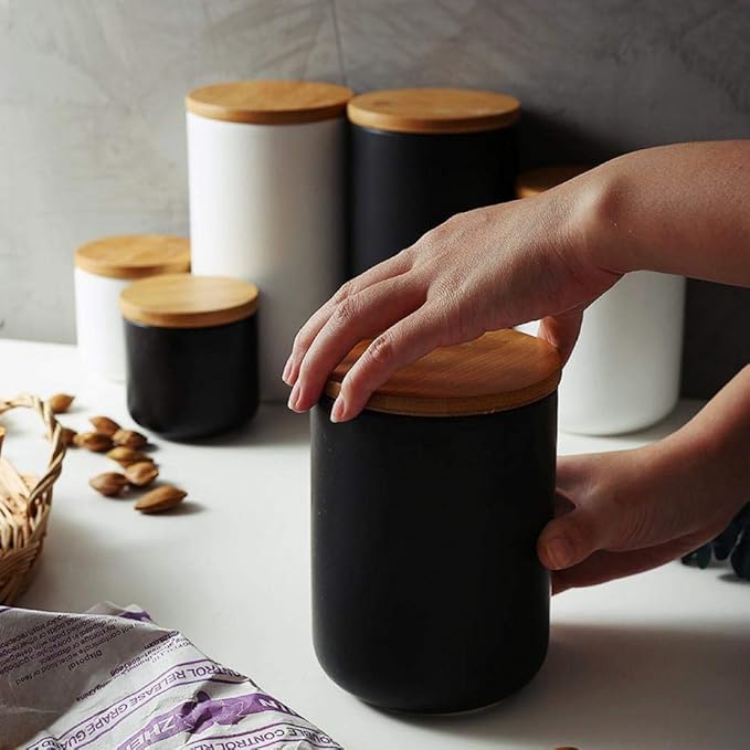 MilkyWay Food Storage Jar Strong Ceramic Storage Canisters with Airtight Seal Bamboo Lid Modern Design Seal Damp-Proof Kitchen Jar for Coffee, Tea, Spice and More (Black(M: 27oz/800ml))