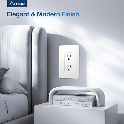 Amico Wall Outlet, 15 Amp Outlets, UL Listed, Tamper-Resistant Standard Electrical Outlet, Decorator Receptacle with Screwless Wall Plate, Suitable for Home and Business, 125V/1875W, White, 30 Pack