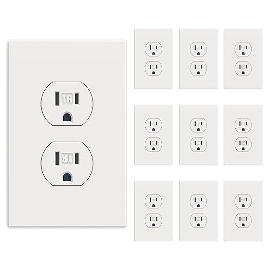 AIDA 10 Pack Matte White Standard Duplex Electrical Wall Receptacle Outlet, 15A 125V, 2 Pole 3 Wire, Tamper Resistant, NEMA 5-15R, Self-Grounding, Wall Plate Included, UL Listed