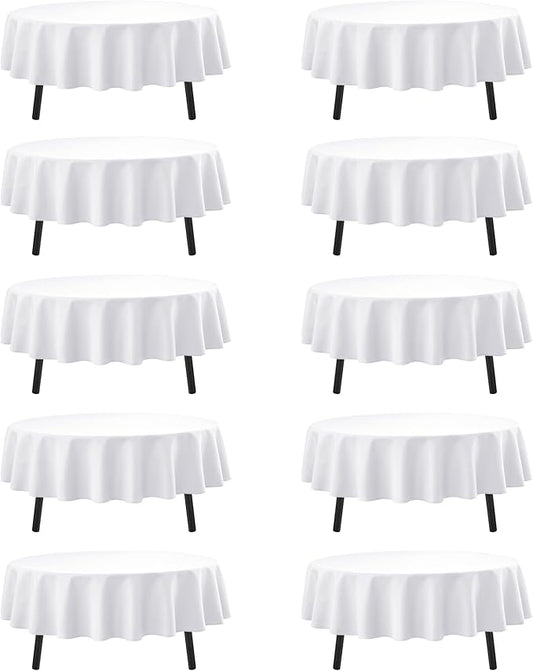 10-Pack White Round Tablecloths, 90 Inches, Stain-Resistant Polyester for 4-5 Ft Round Tables - Washable Table Covers for Weddings, Banquets, Birthday, Parties, Events