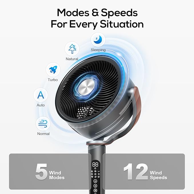hykolity Large Fan for Bedroom, 120° Oscillating Standing Fan, 85ft Air Circulator With Remote, DC Motor Quiet Floor Fans, Adjustable Height, 12 Speeds, 5 Modes, 12H Timer