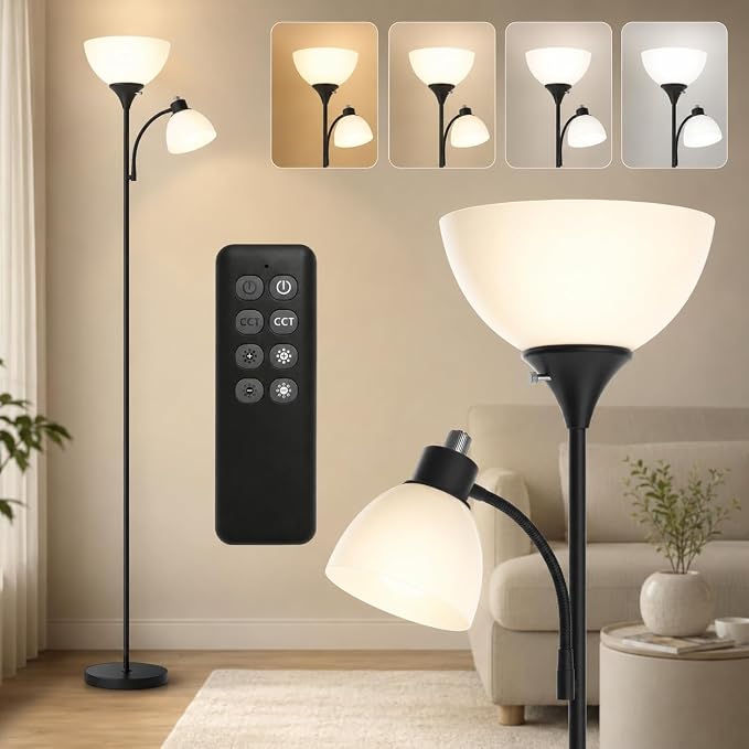 GERGO Led Floor Lamp, Super Bright 11W+7W 2100LM Torchiere Floor Lamps for Living Room, Stepless Adjustable 4 Color Temperatures 3000K-6000K with Remote Control for Bedroom (Matte Black)