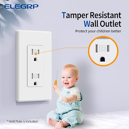 ELEGRP Matte White Tamper Resistant Decorator Wall Receptacle Outlet, 15A 125V Electrical Outlet, Residential Grade, Self-grounding, Screwless Wall Plate Included, UL Listed, 50 Pack