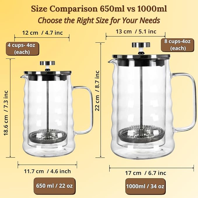French Press Coffee Maker Double-Wall Borosilicate Glass | Wavy Manual Brewer with Stainless Steel Mesh Filter for Hot & Cold Coffee or Tea (34oz / 1000ml - Wavy Design)