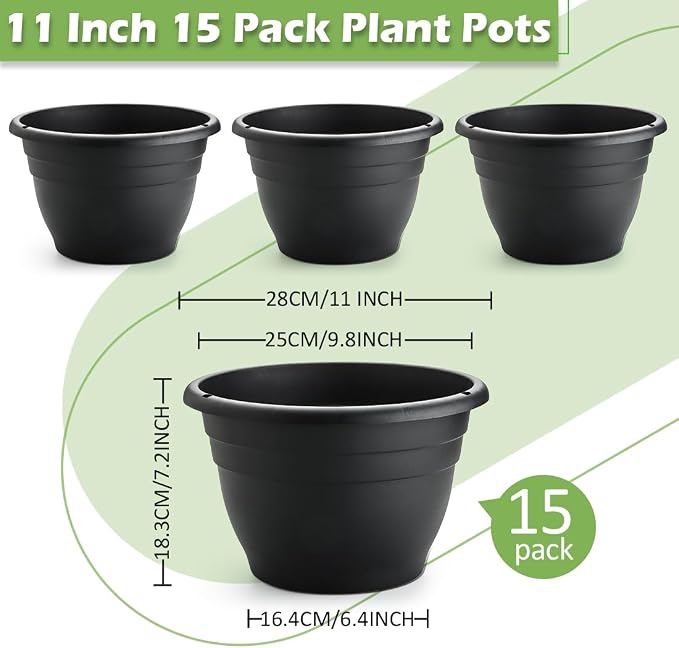 RooTrimmer 15 Pack 11 Inch Plant Pots with Drainage Holes,Black Plastic Flower Pots with Hanging Holes,Durable Planters for Indoor & Outdoor Plants,Nursery Pots