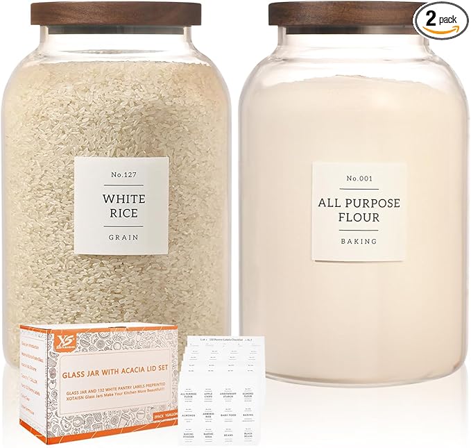 2 Pack Large Glass Flour and Sugar Storage Containers with Airtight Acacia Wood Lids and 132 Kitchen Pantey Labels Preprint - 1 Gallon Borosilicate Glass Canister Sets for Food,Pasta,Cookie,Rice