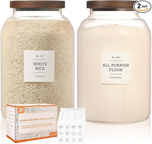 2 Pack Large Glass Flour and Sugar Storage Containers with Airtight Acacia Wood Lids and 132 Kitchen Pantey Labels Preprint - 1 Gallon Borosilicate Glass Canister Sets for Food,Pasta,Cookie,Rice
