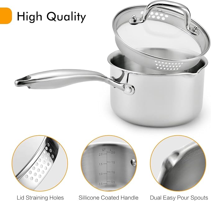 Stainless Steel Saucepan with Glass Lid, 2.5 Quart Multipurpose Sauce Pan with Cover, Sauce Pot Induction Cooking Pot- Easy Pour with Ergonomic Handle