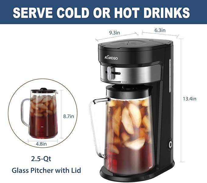 AEMEGO Iced Tea Maker, Brewing System with 2.5-quart Glass Pitcher, sliding strength selector, Stainless Steel Decoration, Reusable Filter (Black)