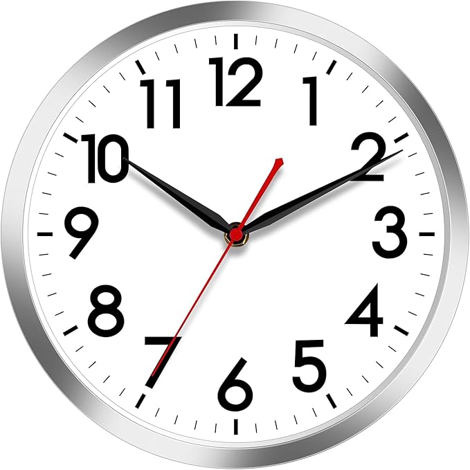 AKCISOT 14 Inch Wall Clock, Battery Operated Analog Clock, Silent Non-Ticking, Ideal for Bedroom, Bathroom, Kitchen, Office and School, Silver