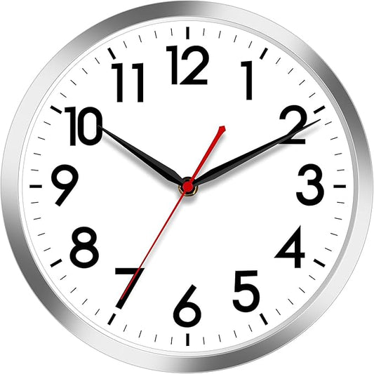 AKCISOT 10 Inch Wall Clock, Battery Operated Analog Clock, Silent Non-Ticking, Ideal for Bedroom, Bathroom, Kitchen, Office and School, Silver