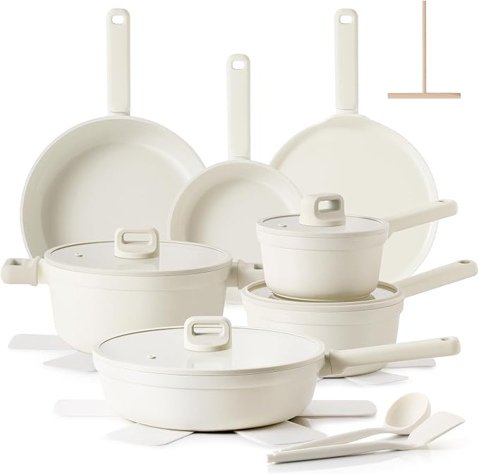 SENSARTE Ceramic Pots and Pans Set Nonstick, 20Pcs Cookware Set, White | Non Stick Ceramic Coating, Non-toxic Healthy Kitchen Cooking Set, Induction Compatible, Dishwasher Safe, PFAS/PTFE/PFOA Free