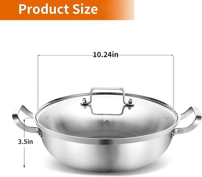 Delarlo Tri-Ply Stainless Steel Hot Pot 11 inch Everyday pan With lid,3.5QT | Kitchen Induction Deep Saute Pan,shabu shabu pot High Side Cooking Pot,Oven Safe Stock Pot, Up to 600℉