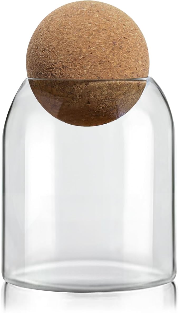 ComSaf 16oz Clear Decorative Glass Jar with Cork Ball Lid - Coffee Bar Kitchen Counter Bathroom Storage, Dishwasher Safe, Glass Canister for Coffee Sugar Candy Storage - Home Decor & Gifting