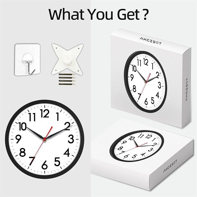 AKCISOT 10 Inch Wall Clock, Battery Operated Analog Clock, Silent Non-Ticking, Ideal for Bedroom, Bathroom, Kitchen, Office and School, Black