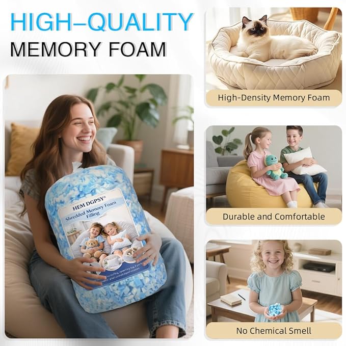 15lbs Shredded Gel Memory Foam Filling for Bean Bag Chair, Real Memory Foam Stuffing for Cooling Pillow, Couch, Pouf Beanbag Chair, Dog Bed, Cushion, Art Crafts