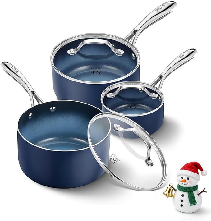 KOCH SYSTEME CS Nonstick Sauce Pan with Lid 1QT & 2QT & 3QT, 6pcs Nonstick Saucepan Set with Cool-Touch Handles, Pot Set with Ceramic Coating, Induction Compatible Sauce Pan, Oven Safe, Gradient Blue