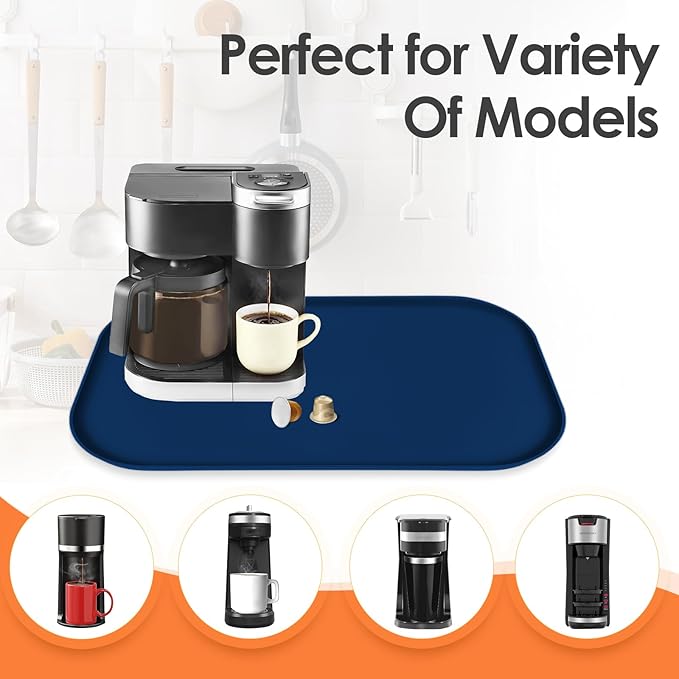 TOHONFOO Silicone Coffee Maker Mat with Lip, 24'' x 16'' Heavy Duty Coffee Maker Mat for Countertops, Coffee Tray Fit Under Coffee Machine Appliance Automatic Machines Espresso Accessory, Navy Blue