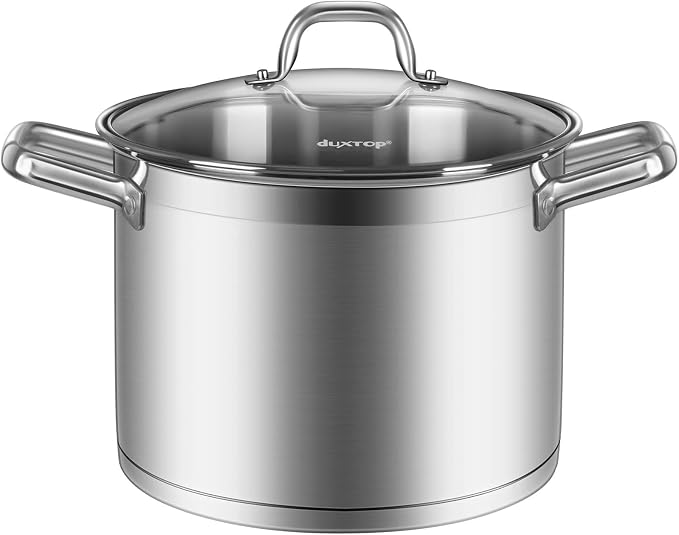 Duxtop Professional Stainless Steel Stock Pot with Glass Lid, Induction Cooking Pot, Impact-bonded Base Technology, 8.6 Quarts | Stockpot with Stay-Cool Handle, Large Batch Meals, Generous Capacity for Family Cooking Needs
