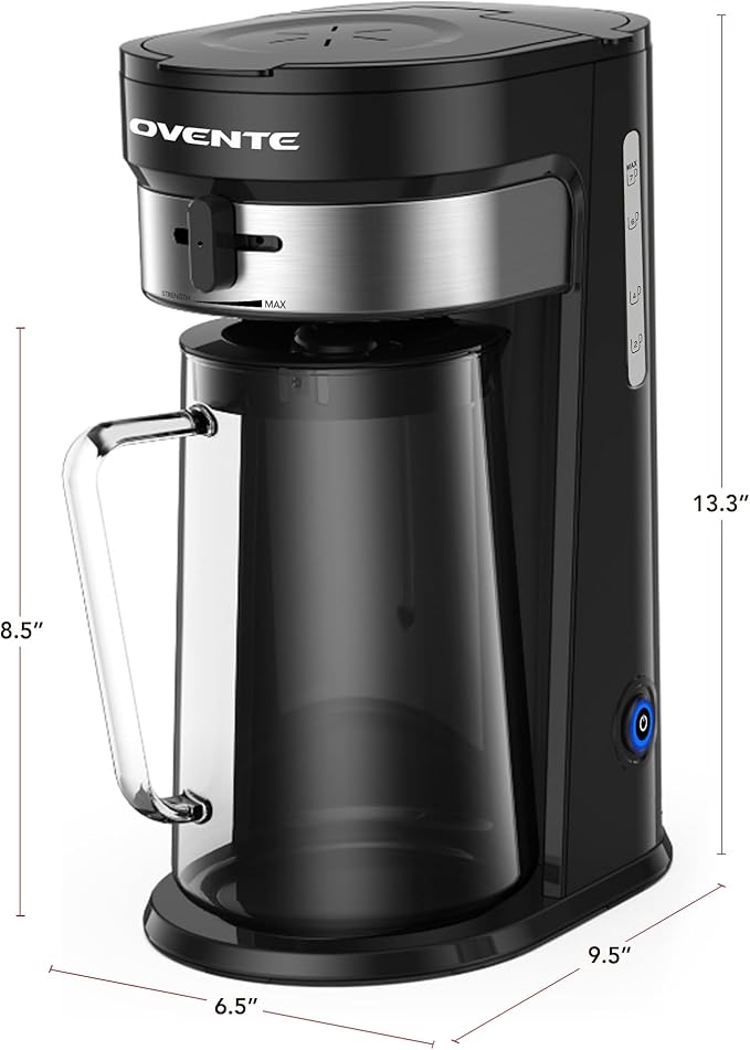 OVENTE Iced Tea Maker and Iced Coffee Maker with 3QT Pitcher, Sliding Brew Strength Selector for Taste Customization and Reusable Filter, Ideal for Lemonade, Latte and Flavored Water, Black CMT215B