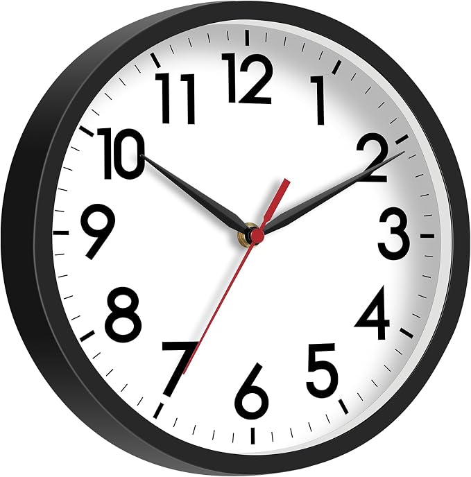 AKCISOT 8 Inch Wall Clock, Battery Operated Analog Clock, Silent Non-Ticking, Ideal for Bedroom, Bathroom, Kitchen, Office and School, Black