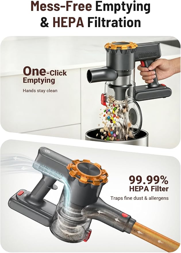 CHEBIO Cordless Vacuum Cleaner, 550W/45Kpa Vacuum Cleaners for Home with LED Display, Anti-Tangle&Wall Mount, 65Mins Wireless Vacuum, 8 in 1 Lightweight Stick Vacuum for Hard Floor/Carpet/Hair