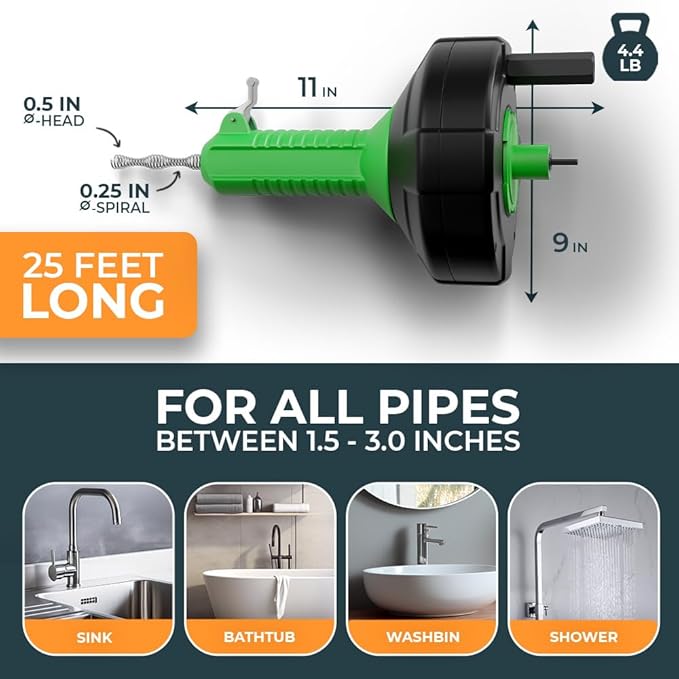 MEISTERFAKTUR drain snake [25 FT] - Auto Feed - Ideal plumbing snake for sink and drain unblocking - Solid drain auger for real DYIs!