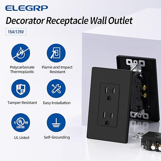 ELEGRP Matte Black Tamper Resistant Decorator Wall Receptacle Outlet, 15A 125V Electrical Outlet, Residential Grade, Self-grounding, Screwless Wall Plate Included, UL Listed, 50 Pack