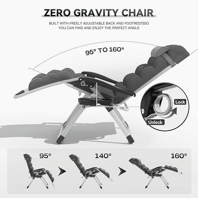 Zero Gravity Chair, Portable Outdoor Chair, Reclining Patio Lounge Chair with Adjustable Pillow and Cup Holder Trays for Outdoor, Patio, Beach, Camping, Garden, Poolside, Gray