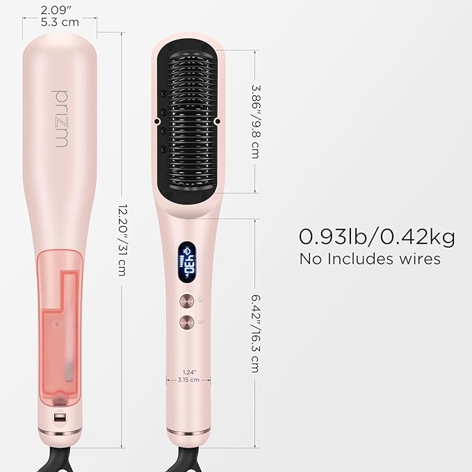 Prizm Pro Steam Hair Straightener Brush - Ionic Steam Straightening Brush for Curly Hair, Anti-Scald Ceramic Straightener Comb with LCD Display for Super Smooth, Frizz Free Hair, 4 Heat Settings, Pink