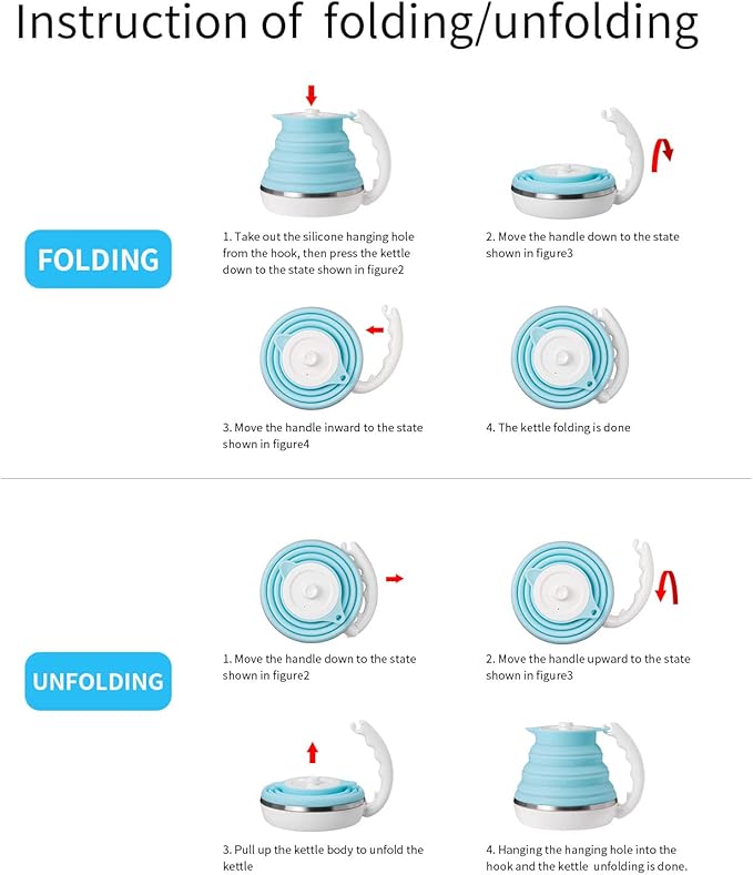 Ultrathin Food Grade Silicone Travel Foldable Electric Kettle Variable Temperature Control with Dual Voltage, Auto Shutoff & Boil Dry Protection & Keep Warm, 555ML 110-220V US Plug (Blue)