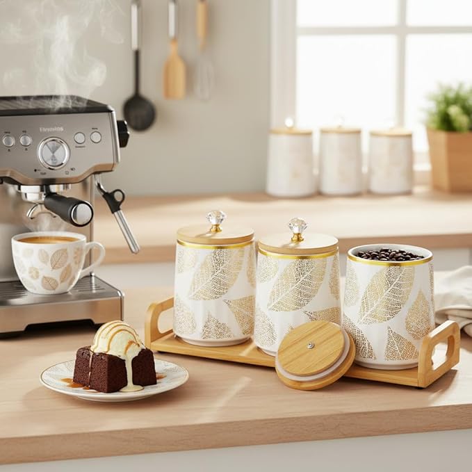 Ceramic Storage Canister for Coffee Sugar Tea Set of 3, Kitchen Pantry Container with Bamboo Lids and Tray, Airtight Food Storage Jars Kitchen Counter Storage Containers for Dining Table