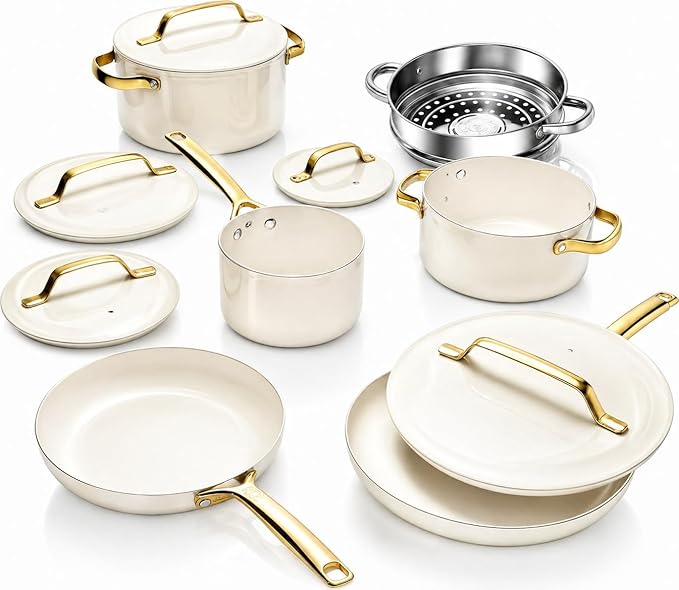 Gotham Steel Modern 11 Pc Ceramic Cookware Set, Elegantly Designed Pots and Pans Set Non Stick with Steamer, Induction Bottom, Premium Stay Cool Handles, Non Toxic PFOA Free, Oven & Dishwasher Safe