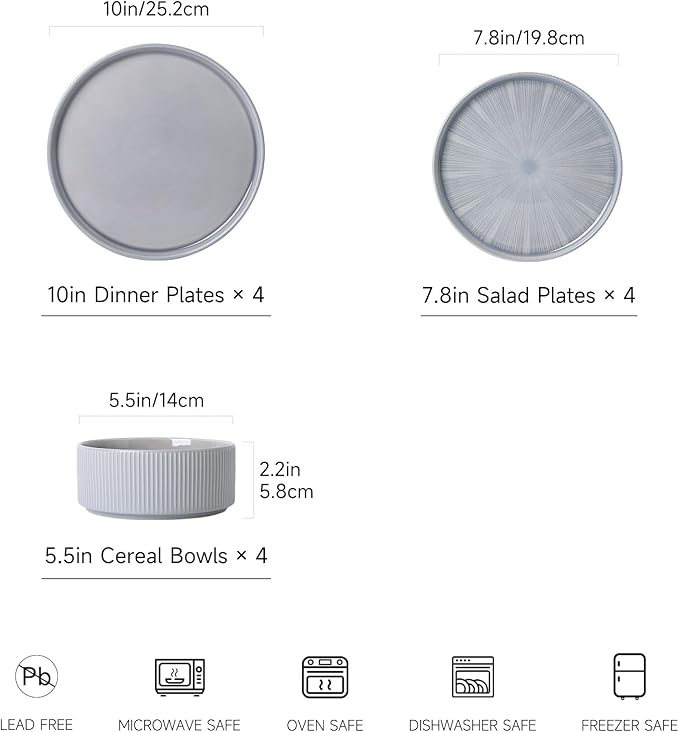 Dinnerware Sets for 4, Ceramic Plates and Bowls Set 12 Piece Dinnerware Chip Resistant Stoneware with Advanced Inkjet Printing Technology, Dishwasher and Microwave Safe-Smoky Blue