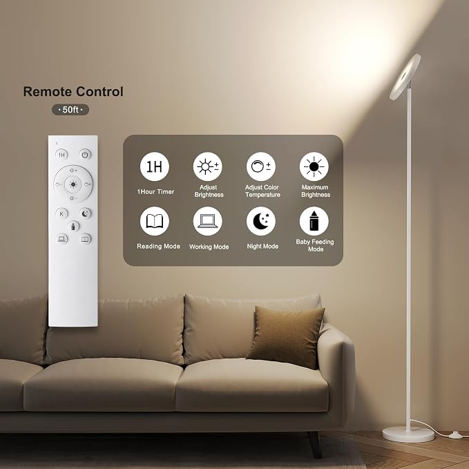 SUNMORY Floor Lamps for Living Room, 32W/3000LM Super Bright LED Floor Lamp with Remote Control, 69" Tall Standing Lamp with Stepless Dimmable, Modern Torchiere Corner Lamp for Bedroom, Office White