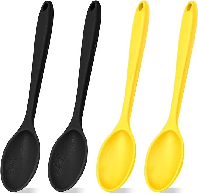 4Pcs Silicone Basting Serving Spoon Silicone Nonstick Mixing Spoon Silicone Spoons for Cooking Heat Resistant Non Stick Serving Spoon for Kitchen Cooking,Baking,Stirring (Black+Yellow)