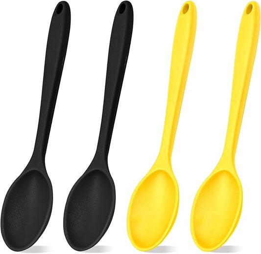 4Pcs Silicone Basting Serving Spoon Silicone Nonstick Mixing Spoon Silicone Spoons for Cooking Heat Resistant Non Stick Serving Spoon for Kitchen Cooking,Baking,Stirring (Black+Yellow)