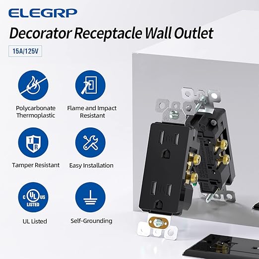 ELEGRP Decorator Wall Receptacle Outlet, Tamper Resistant 15 Amp Standard Electrical Wall Outlet, Residential Grade, Self-grounding, 125V, 2 Pole 3 Wire, 5-15R, UL Listed, Glossy Black, 100 Pack