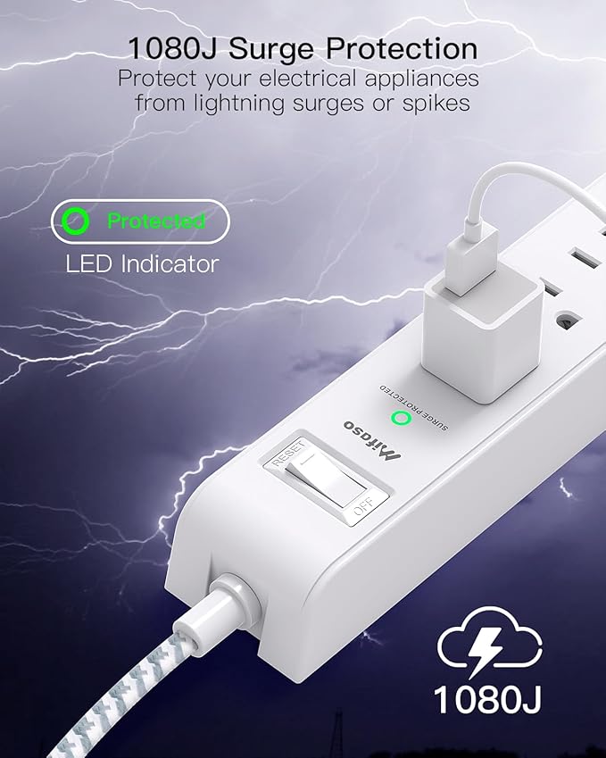 2 Pack Power Strip Surge Protector - 6 Outlets 4 USB Charging Ports, 5Ft Braided Extension Cord, Flat Plug, Overload Protection, Wall Mount for Home Office, Dorm Room Essentials White