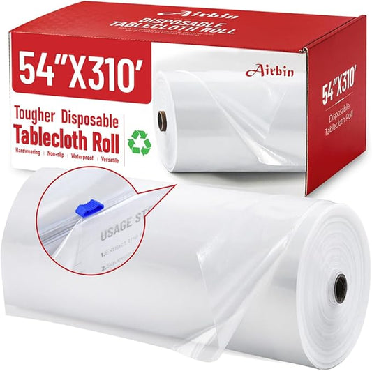 Plastic Table Cloth, 310 Ft X 54 In Disposable Tablecloth Clear Table Cover Roll with Any Cut Sliding Cutters Premium Clear Plastic Tablecloth for Picnics, Parties, Birthdays, Weddings Weddings